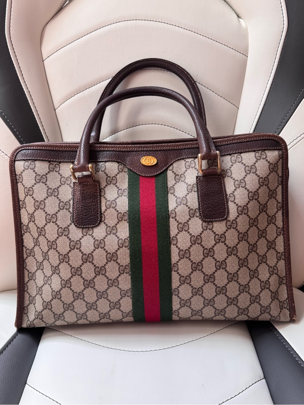 Gucci GG Canvas Briefcase with Green and Red Web Stripe